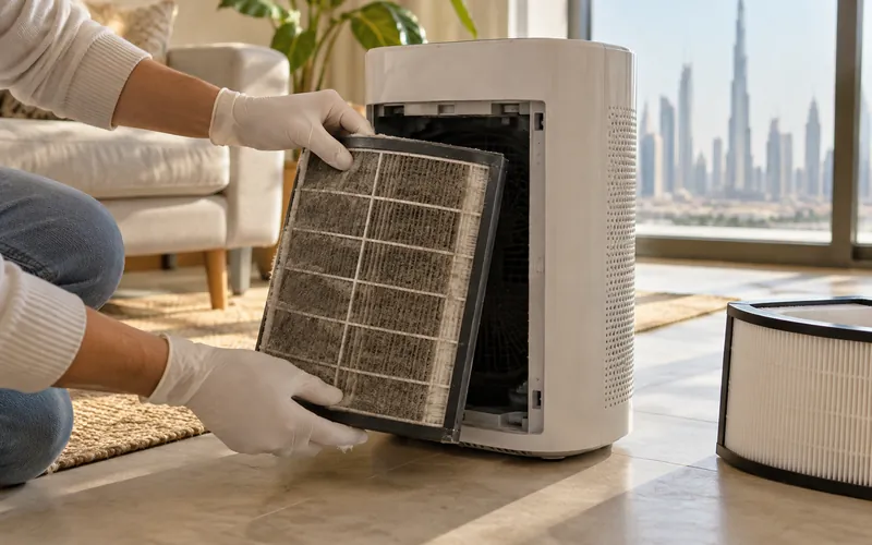 Gloved hands removing a dusty filter from an unplugged air purifier on an apartment floor