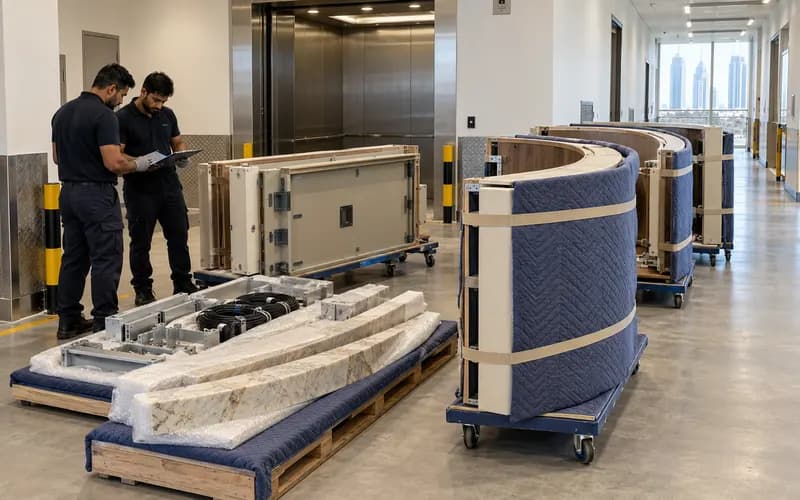 Wrapped reception desk modules, counter sections and sorted hardware beside a Dubai office service lift