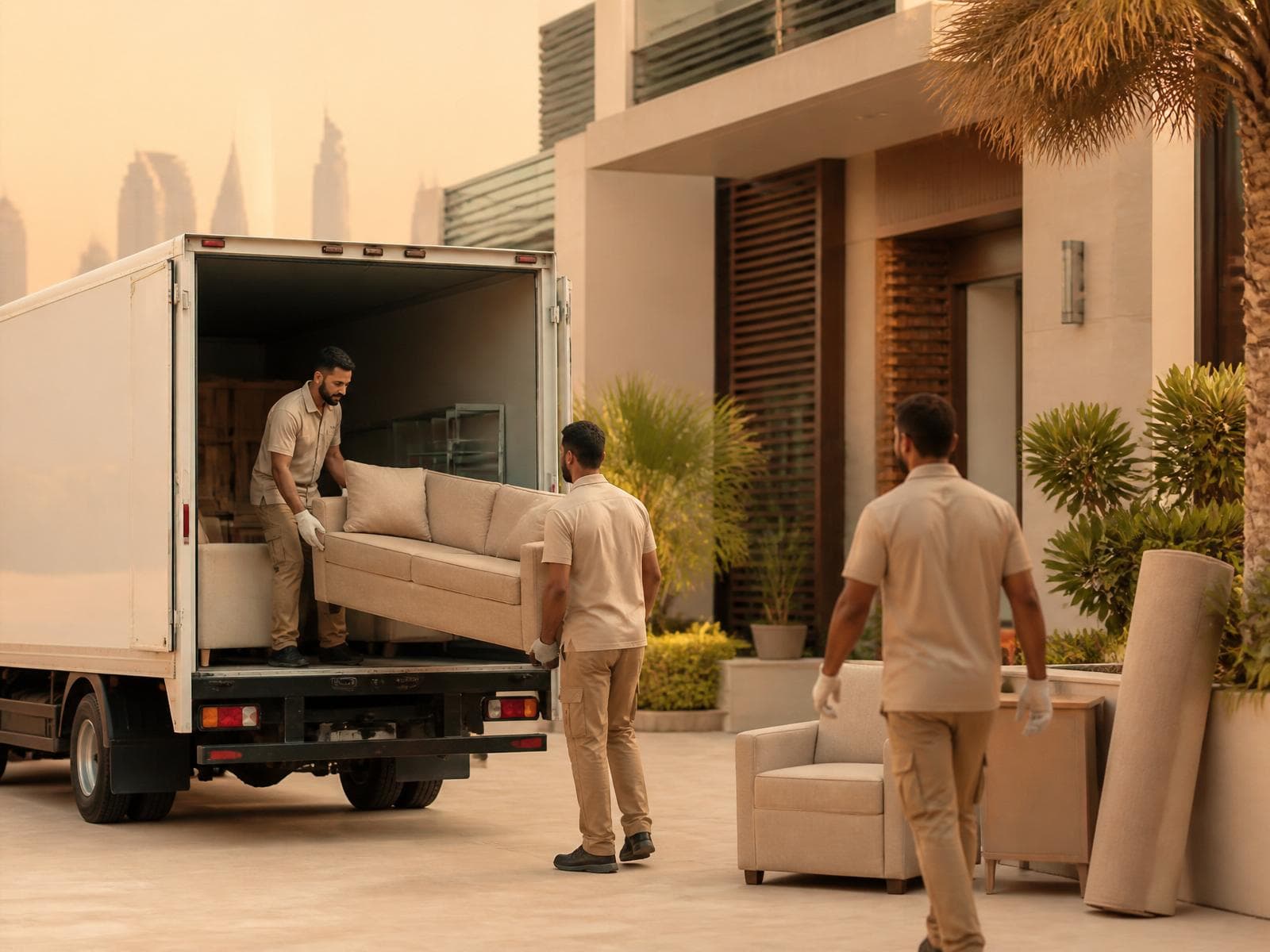 Dubai Junk Collection crew loading furniture outside a Dubai villa at golden hour